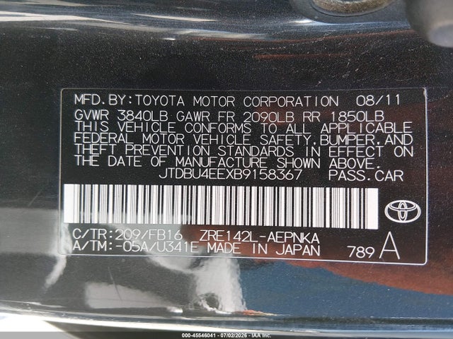 45546041 :رقم المزاد ، JTDBU4EEXB9158367 vin ، 2011 Toyota Corolla Le مزاد بيع