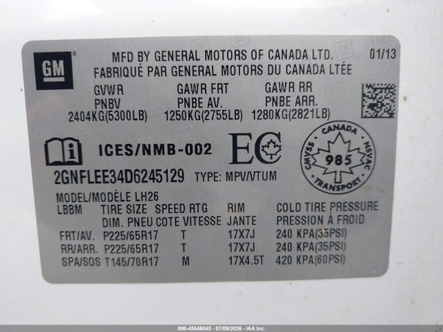 Aukcja sprzedaży 2013 Chevrolet Equinox Lt, vin: 2GNFLEE34D6245129, numer aukcji: 45546045