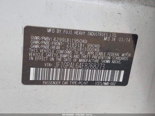 Auction sale of the 2014 Subaru Impreza 2.0i Sport Premium, vin: JF1GPAL64E8268273, lot number: 45546080