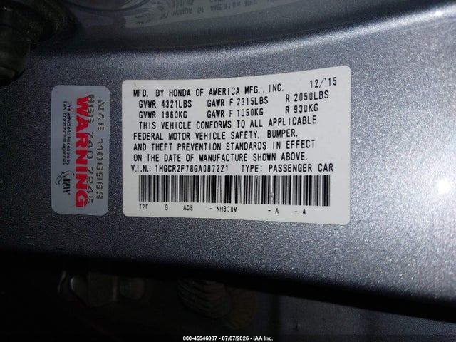 Honda ACCORD EX 2016 1HGCR2F78GA087221 Image 9