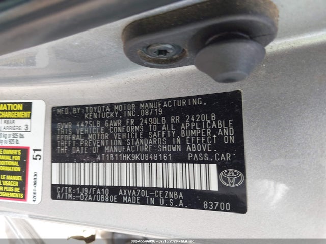 45546096 :رقم المزاد ، 4T1B11HK9KU848161 vin ، 2019 Toyota Camry Le مزاد بيع