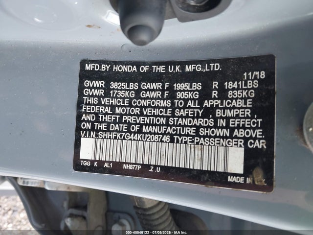 Aukcja sprzedaży 2019 Honda Civic Sport, vin: SHHFK7G44KU208746, numer aukcji: 45546122