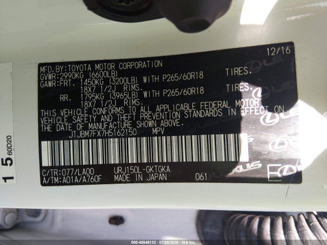 45546132 :رقم المزاد ، JTJBM7FX7H5162150 vin ، 2017 Lexus Gx 460 مزاد بيع