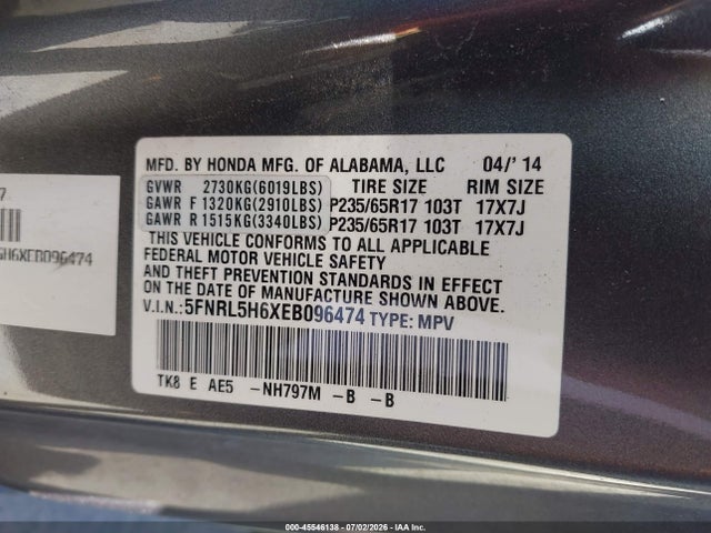 Aukcja sprzedaży 2014 Honda Odyssey Ex-l, vin: 5FNRL5H6XEB096474, numer aukcji: 45546138