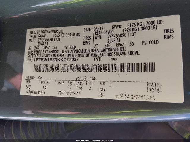 45546143 :رقم المزاد ، 1FTEW1E53KKD97032 vin ، 2019 Ford F-150 Xlt مزاد بيع