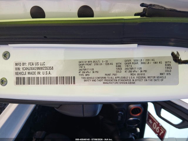 Aukcja sprzedaży 2022 Jeep Wrangler Sport 4x4, vin: 1C4HJXAG9NW235358, numer aukcji: 45546145