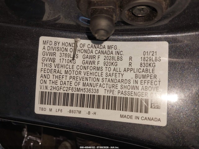 45546152 :رقم المزاد ، 2HGFC2F63MH536338 vin ، 2021 Honda Civic Lx مزاد بيع