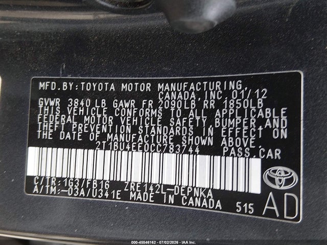 Продажа на аукционе авто 2012 Toyota Corolla Le, vin: 2T1BU4EE0CC783744, номер лота: 45546162