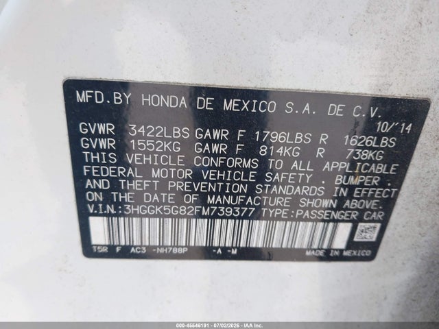 3HGGK5G82FM739377 Honda FIT EX