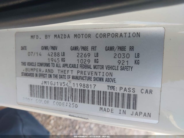 45546207 :رقم المزاد ، JM1GJ1V54F1198817 vin ، 2015 Mazda Mazda6 I Touring مزاد بيع