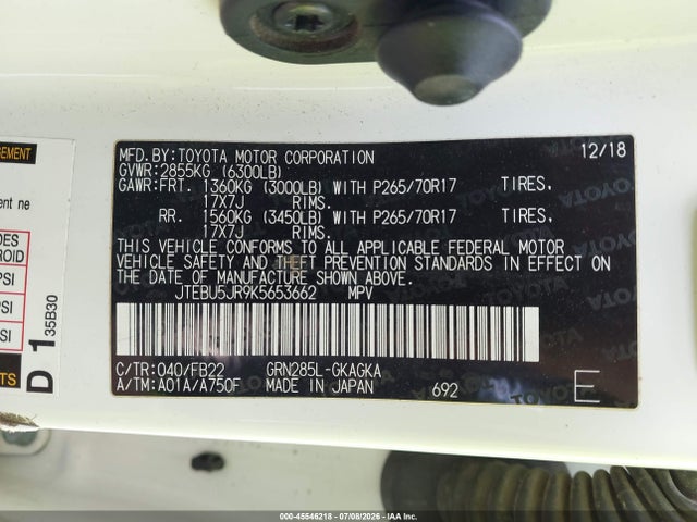 Aukcja sprzedaży 2019 Toyota 4runner Sr5, vin: JTEBU5JR9K5653662, numer aukcji: 45546218