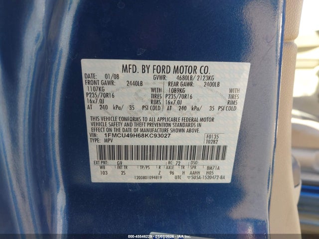 Auction sale of the 2008 Ford Escape Hybrid, vin: 1FMCU49H68KC93027, lot number: 45546229