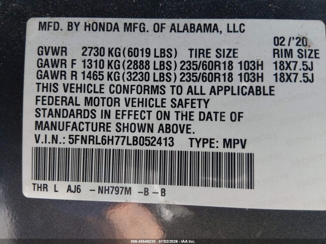 45546230 :رقم المزاد ، 5FNRL6H77LB052413 vin ، 2020 Honda Odyssey Ex-l/ex-l W/navi   Res مزاد بيع