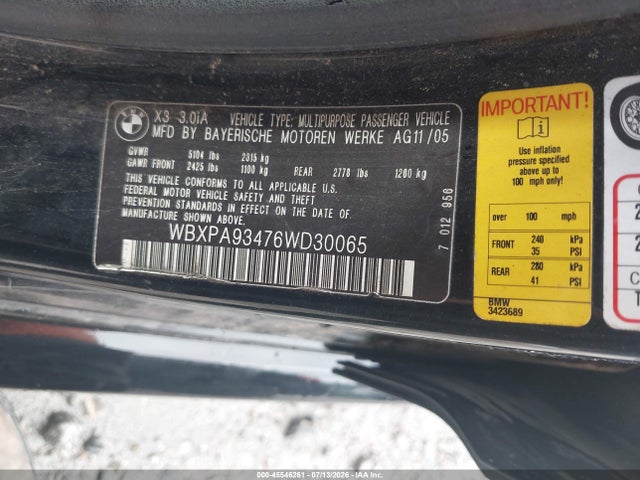 Aukcja sprzedaży 2006 Bmw X3 3.0i, vin: WBXPA93476WD30065, numer aukcji: 45546261