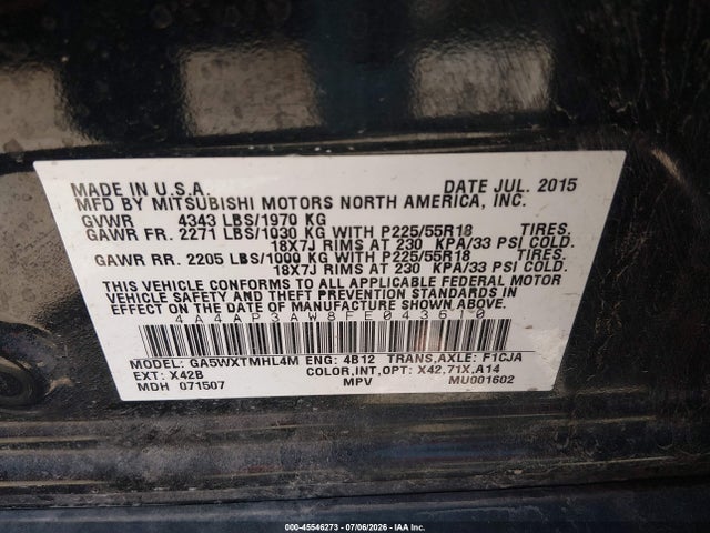Aukcja sprzedaży 2015 Mitsubishi Outlander Sport Es, vin: 4A4AP3AW8FE043610, numer aukcji: 45546273