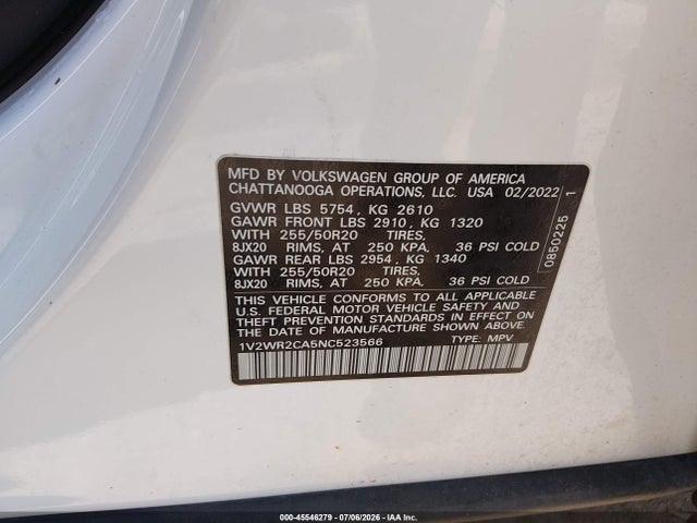 2022 Volkswagen Atlas 3.6l V6 Se W/technology მანქანა იყიდება აუქციონზე, vin: 1V2WR2CA5NC523566, აუქციონის ნომერი: 45546279