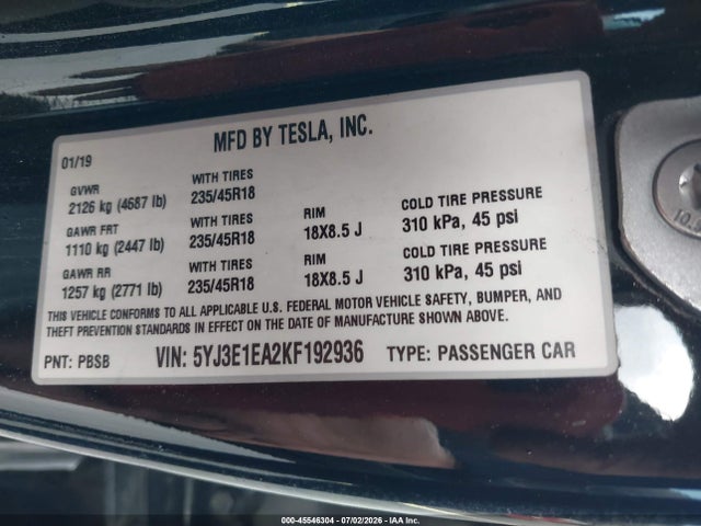 45546304 :رقم المزاد ، 5YJ3E1EA2KF192936 vin ، 2019 Tesla Model 3 Long Range/mid Range/standard Range/standard Range Plus مزاد بيع