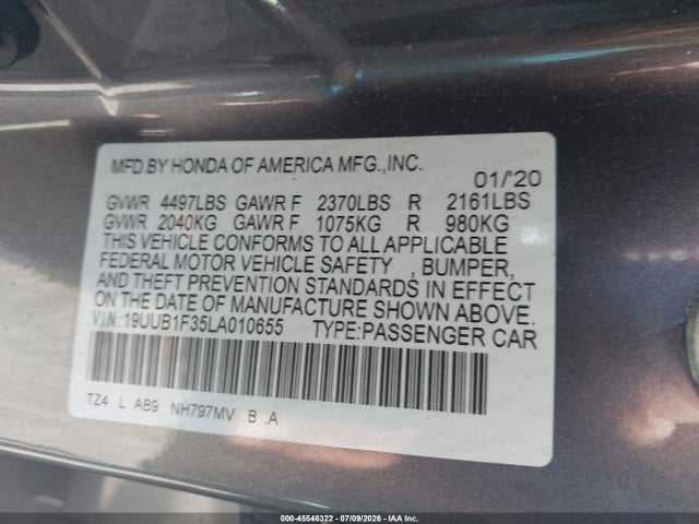 Aukcja sprzedaży 2020 Acura Tlx Standard, vin: 19UUB1F35LA010655, numer aukcji: 45546322