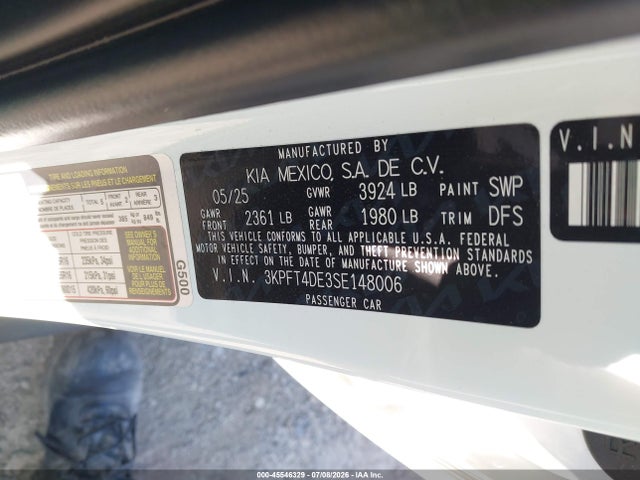 2025 Kia K4 Lxs მანქანა იყიდება აუქციონზე, vin: 3KPFT4DE3SE148006, აუქციონის ნომერი: 45546329