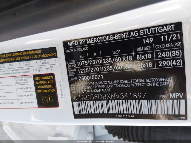 Aukcja sprzedaży 2022 Mercedes-benz Glc 300 Suv, vin: W1N0G8DBXNV341897, numer aukcji: 45546332