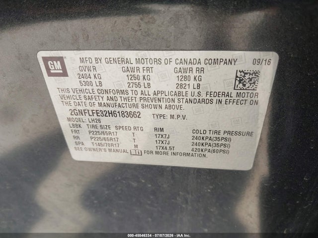 Aukcja sprzedaży 2017 Chevrolet Equinox Lt, vin: 2GNFLFE32H6183662, numer aukcji: 45546334