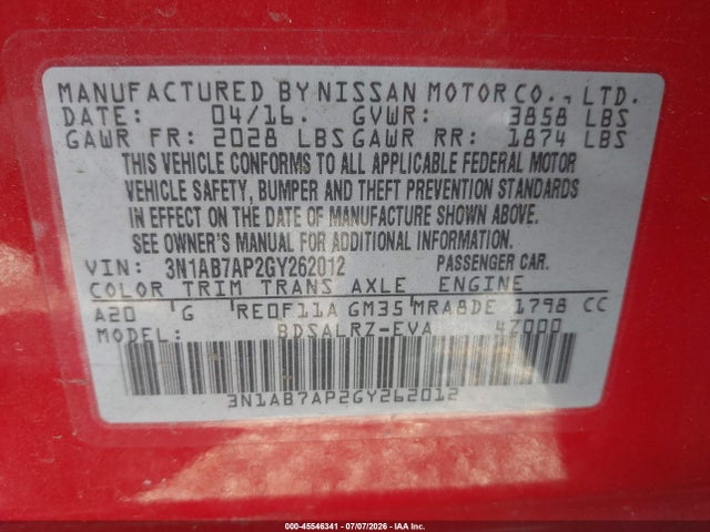 3N1AB7AP2GY262012 Nissan Sentra Fe+ S/s/sl/sr/sv