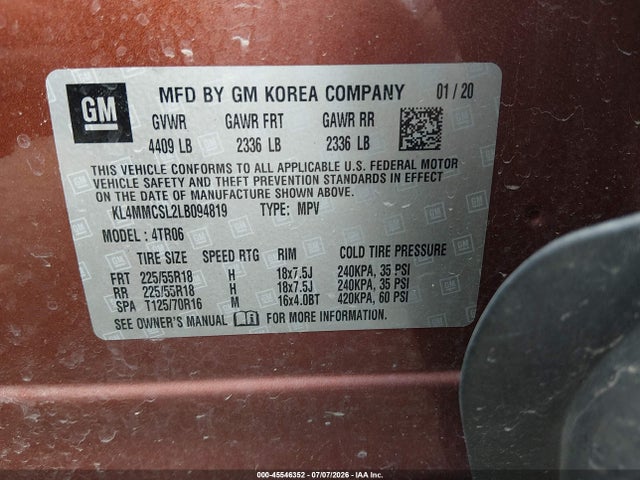 2020 Buick Encore Gx Awd Preferred მანქანა იყიდება აუქციონზე, vin: KL4MMCSL2LB094819, აუქციონის ნომერი: 45546352