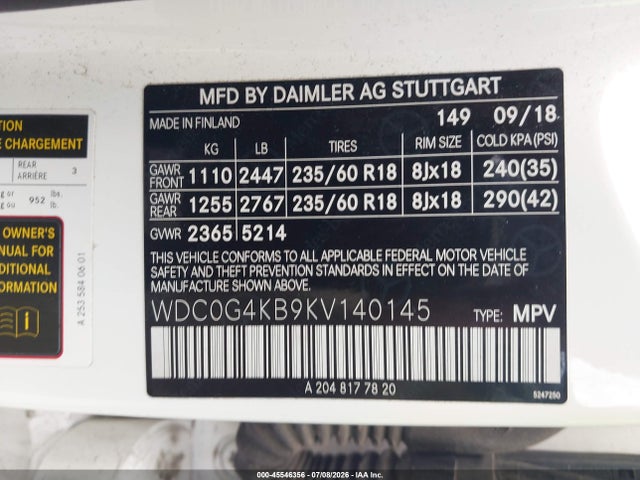 45546356 :رقم المزاد ، WDC0G4KB9KV140145 vin ، 2019 Mercedes-benz Glc 300 4matic مزاد بيع