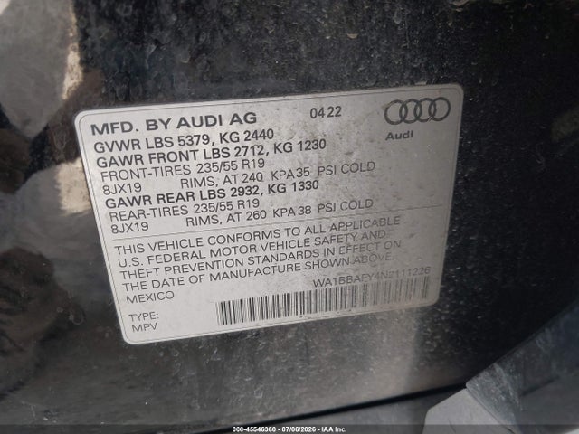 Продаж на аукціоні авто 2022 Audi Q5 Premium Plus 40 Tfsi Quattro S Tronic, vin: WA1BBAFY4N2111226, номер лоту: 45546360