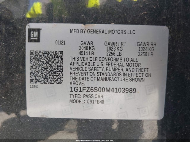 Продажа на аукционе авто 2021 Chevrolet Bolt Ev Fwd Premier, vin: 1G1FZ6S00M4103989, номер лота: 45546385