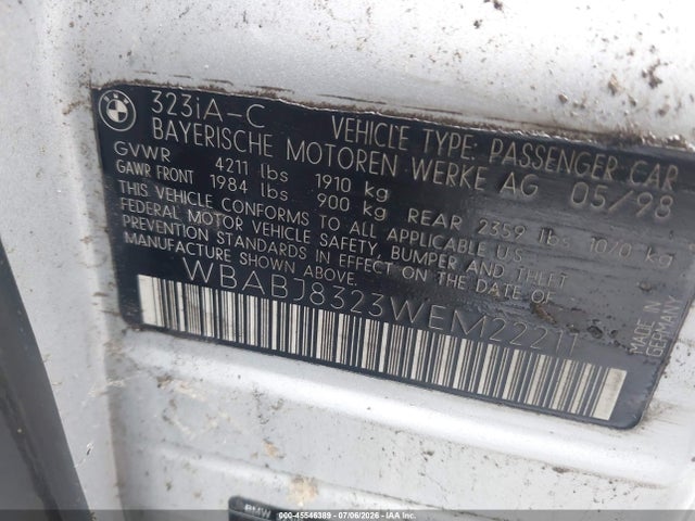 Aukcja sprzedaży 1998 Bmw 323ic, vin: WBABJ8323WEM22211, numer aukcji: 45546389