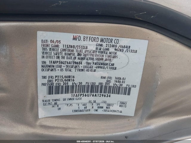 2006 Ford Taurus Sel მანქანა იყიდება აუქციონზე, vin: 1FAFP56U76A129634, აუქციონის ნომერი: 45546391