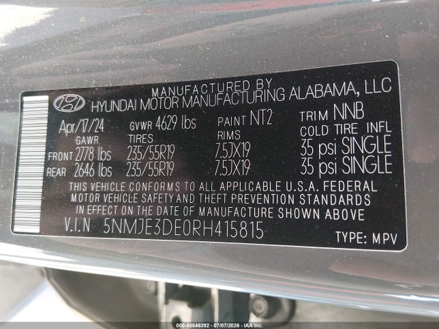 45546392 :رقم المزاد ، 5NMJE3DE0RH415815 vin ، 2024 Hyundai Tucson Limited مزاد بيع