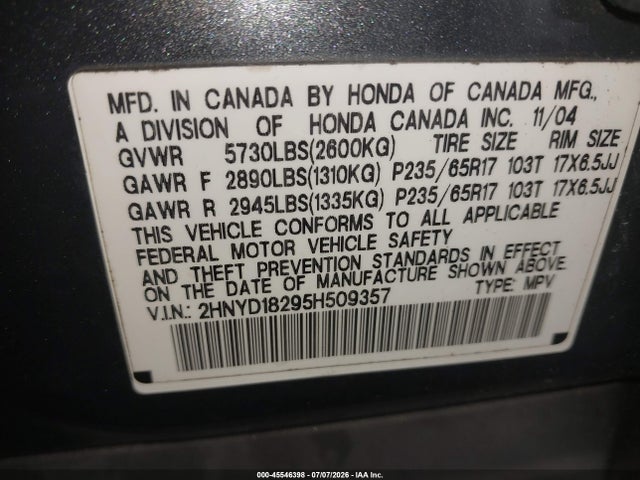 45546398 :رقم المزاد ، 2HNYD18295H509357 vin ، 2005 Acura Mdx مزاد بيع