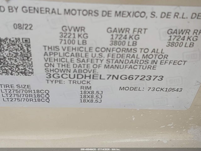 3GCUDHEL7NG672373 Chevrolet Silverado 1500 4wd Short Bed Zr2