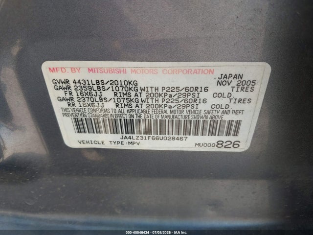 2006 Mitsubishi Outlander Ls მანქანა იყიდება აუქციონზე, vin: JA4LZ31F66U028467, აუქციონის ნომერი: 45546434