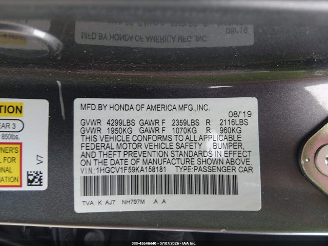 2019 Honda Accord Ex-l მანქანა იყიდება აუქციონზე, vin: 1HGCV1F59KA158181, აუქციონის ნომერი: 45546440