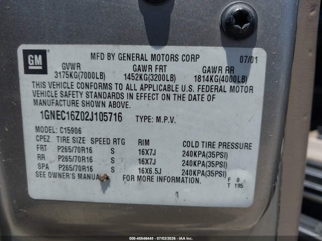 45546448 :رقم المزاد ، 1GNEC16Z02J105716 vin ، 2002 Chevrolet Suburban 1500 Ls مزاد بيع