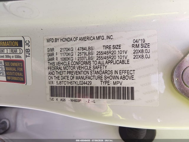 Продаж на аукціоні авто 2019 Acura Rdx A-spec Package, vin: 5J8TC1H67KL024429, номер лоту: 45546455