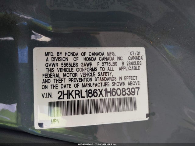 Aukcja sprzedaży 2001 Honda Odyssey Ex, vin: 2HKRL186X1H608397, numer aukcji: 45546487