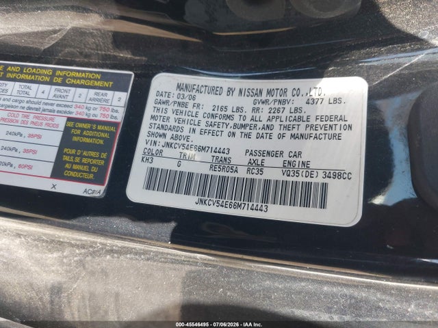 Aukcja sprzedaży 2006 Infiniti G35, vin: JNKCV54E66M714443, numer aukcji: 45546495