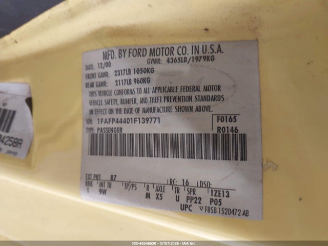 45546520 :رقم المزاد ، 1FAFP44401F139771 vin ، 2001 Ford Mustang مزاد بيع