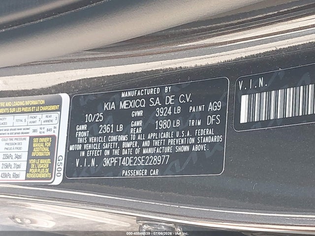 Aukcja sprzedaży 2025 Kia K4 Lxs, vin: 3KPFT4DE2SE228977, numer aukcji: 45546539