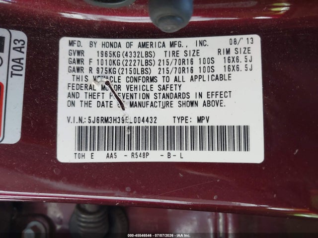 Honda CR-V LX 2014 5J6RM3H39EL004432 Image 9