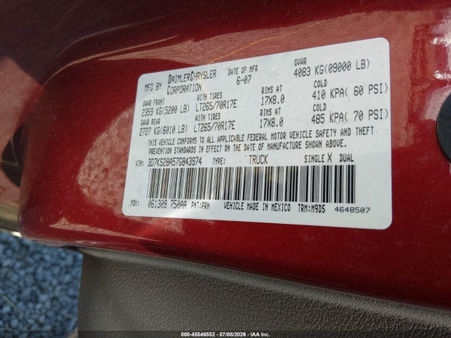 2007 Dodge Ram 2500 Slt/sport მანქანა იყიდება აუქციონზე, vin: 3D7KS28A57G843974, აუქციონის ნომერი: 45546552