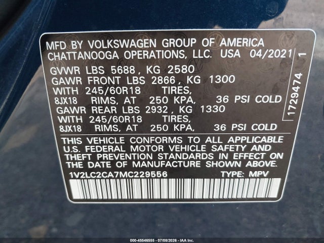 Aukcja sprzedaży 2021 Volkswagen Atlas Cross Sport 2.0t Se, vin: 1V2LC2CA7MC229556, numer aukcji: 45546555