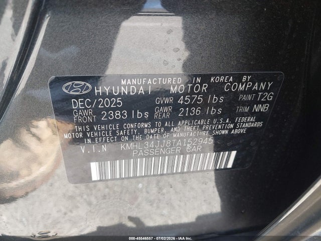2026 Hyundai Sonata Hybrid Sel მანქანა იყიდება აუქციონზე, vin: KMHL34JJ8TA152945, აუქციონის ნომერი: 45546557