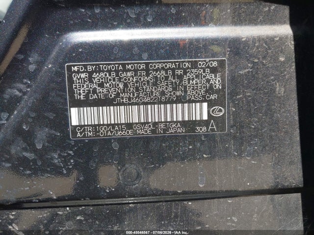 Aukcja sprzedaży 2008 Lexus Es 350, vin: JTHBJ46G482218779, numer aukcji: 45546567