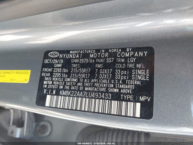Aukcja sprzedaży 2020 Hyundai Kona Sel, vin: KM8K22AA7LU493433, numer aukcji: 45546572