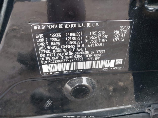 Aukcja sprzedaży 2022 Honda Hr-v Awd Lx, vin: 3CZRU6H3XNM753501, numer aukcji: 45546583